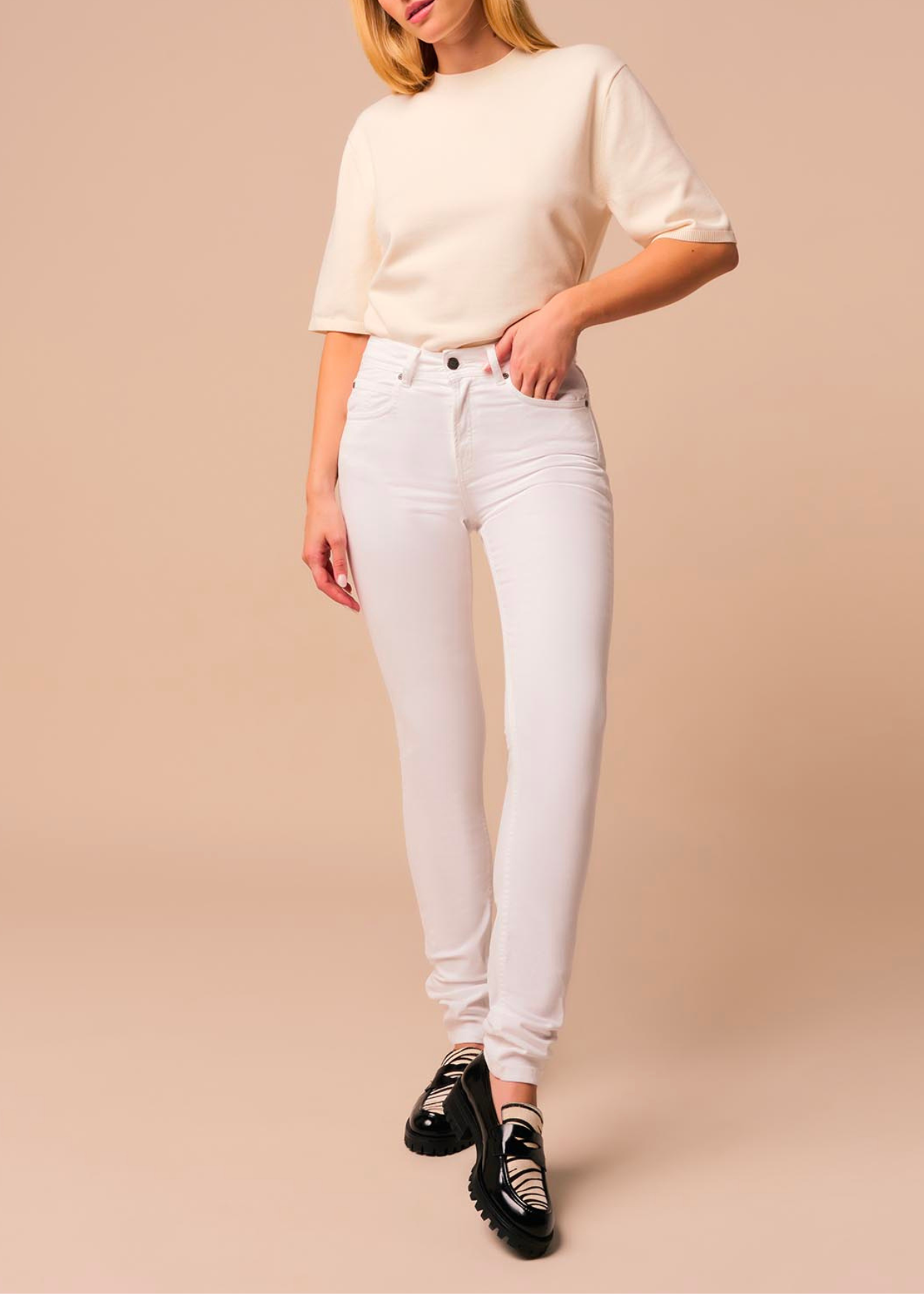 Pantalon slim satiné taille haute blanc femme cimarron