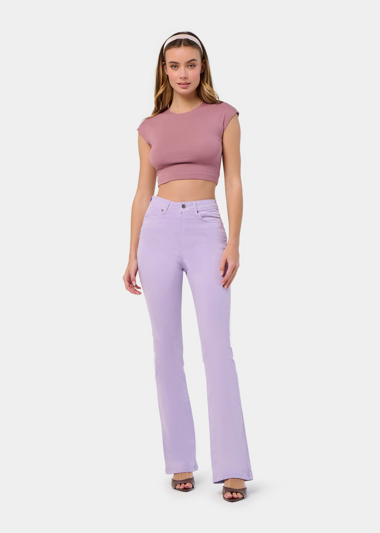 Pantalon boot cut taille haute lilas femme
