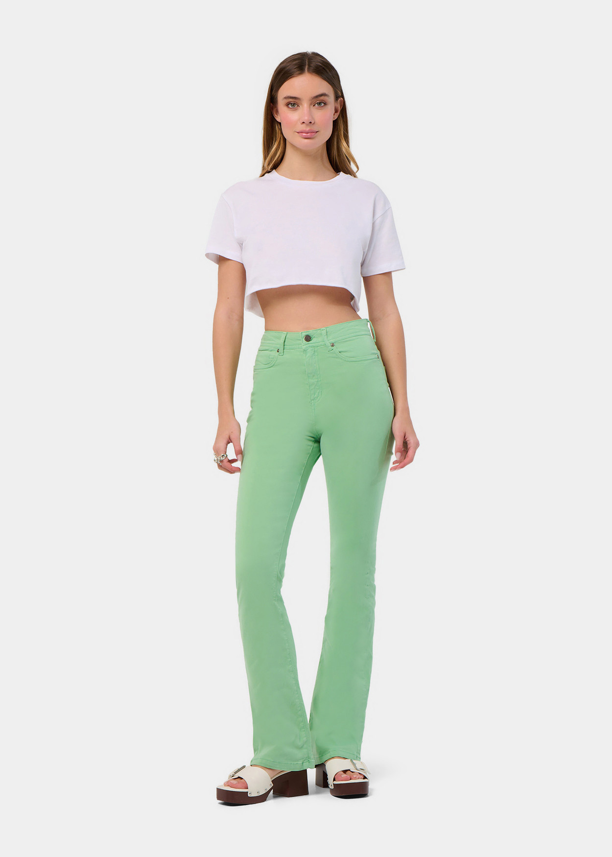Pantalon boot cut taille haute vert pastel femme