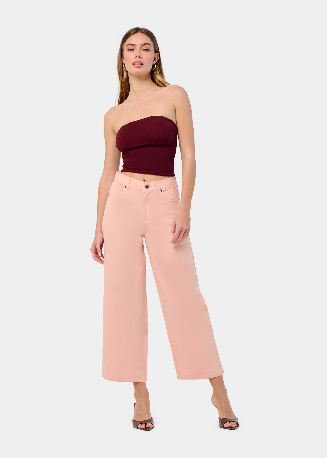 Jean large coupe droite cropped rose femme